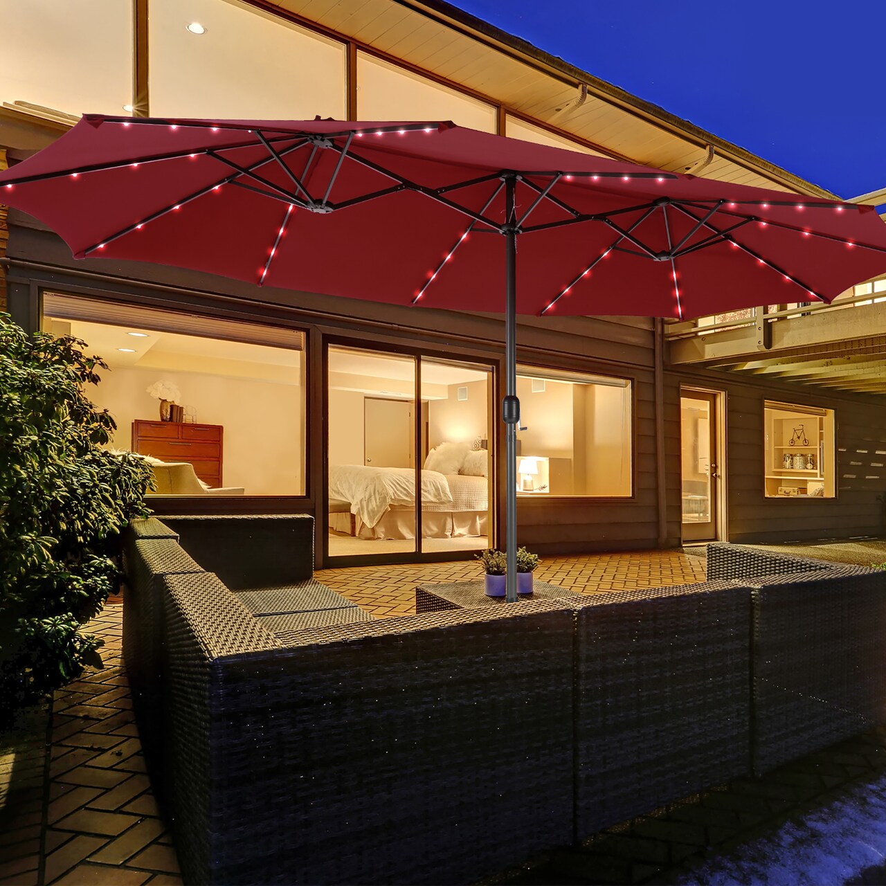 Costway 15FT Twin Patio Double-Sided Umbrella 48 Solar LED Lights Crank Outdoor Wine\Beige\Coffee\Orange\Turquoise